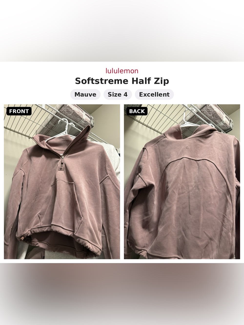 lululemon Softstreme Half Zip Pullover - Mauve